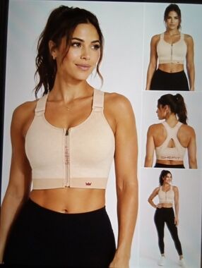 SHEFIT Low Impact Sports Bra 1Lixe Heathered Tan Front Zip Wide Straps